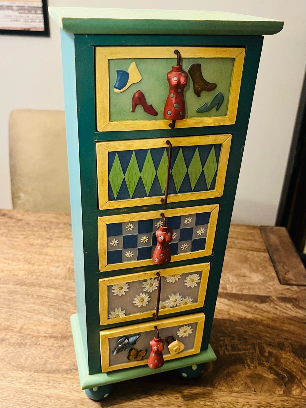 Vintage 90’s hand painted 5 drawer jewelry trinket holder 15” tall